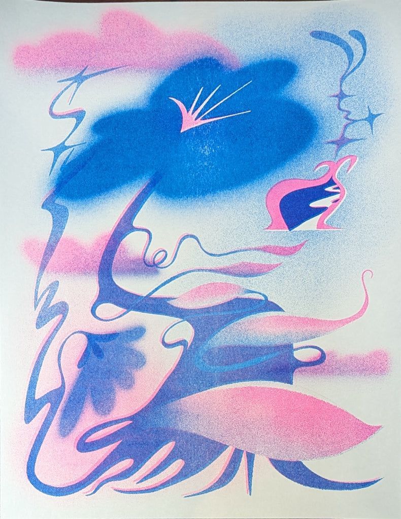 蓝粉抽象 Riso 插画